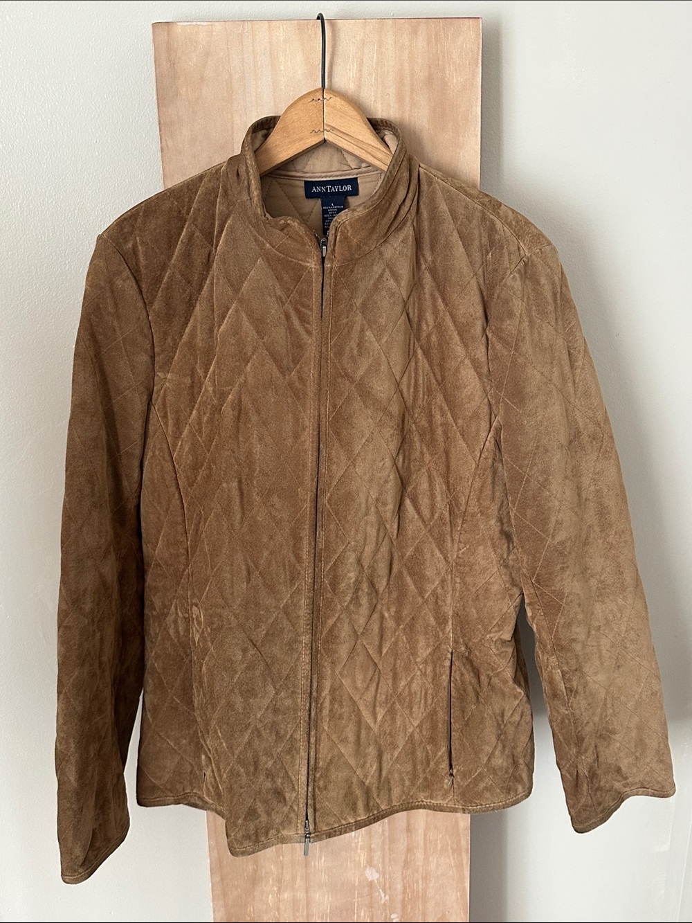 Ann Taylor Brown Quilted Suede Leather Jacket Women L Preppy Old Money Academia
